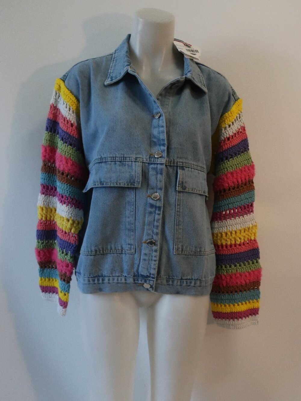 NWT Womens Regina Rainbow Crochet Sleeve (Item- 10) Denim Jacket S - Picture 5 of 7